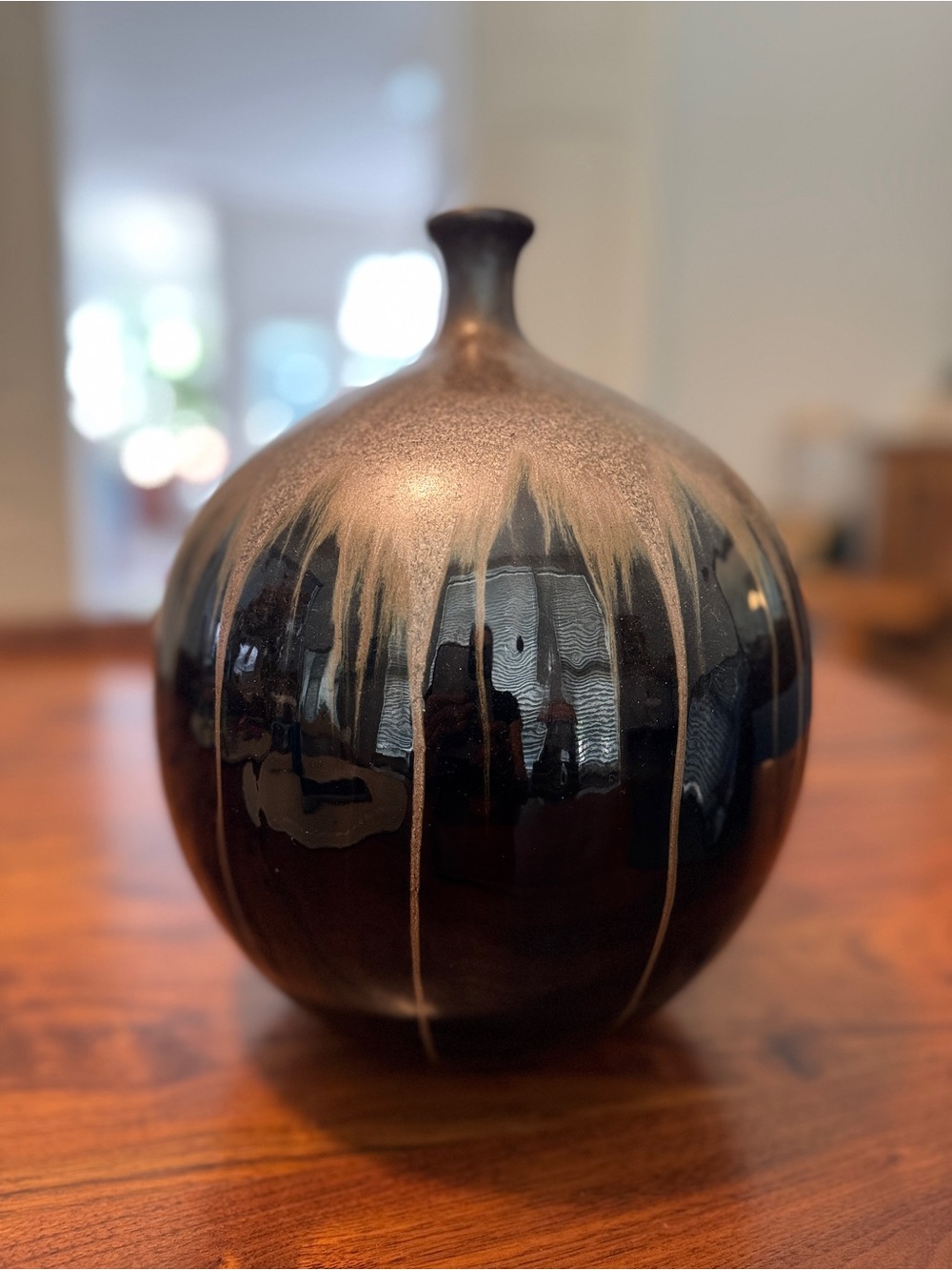 Vintage MCM Bombay Black and Gold Drip Globe Vase 11.5" Tall